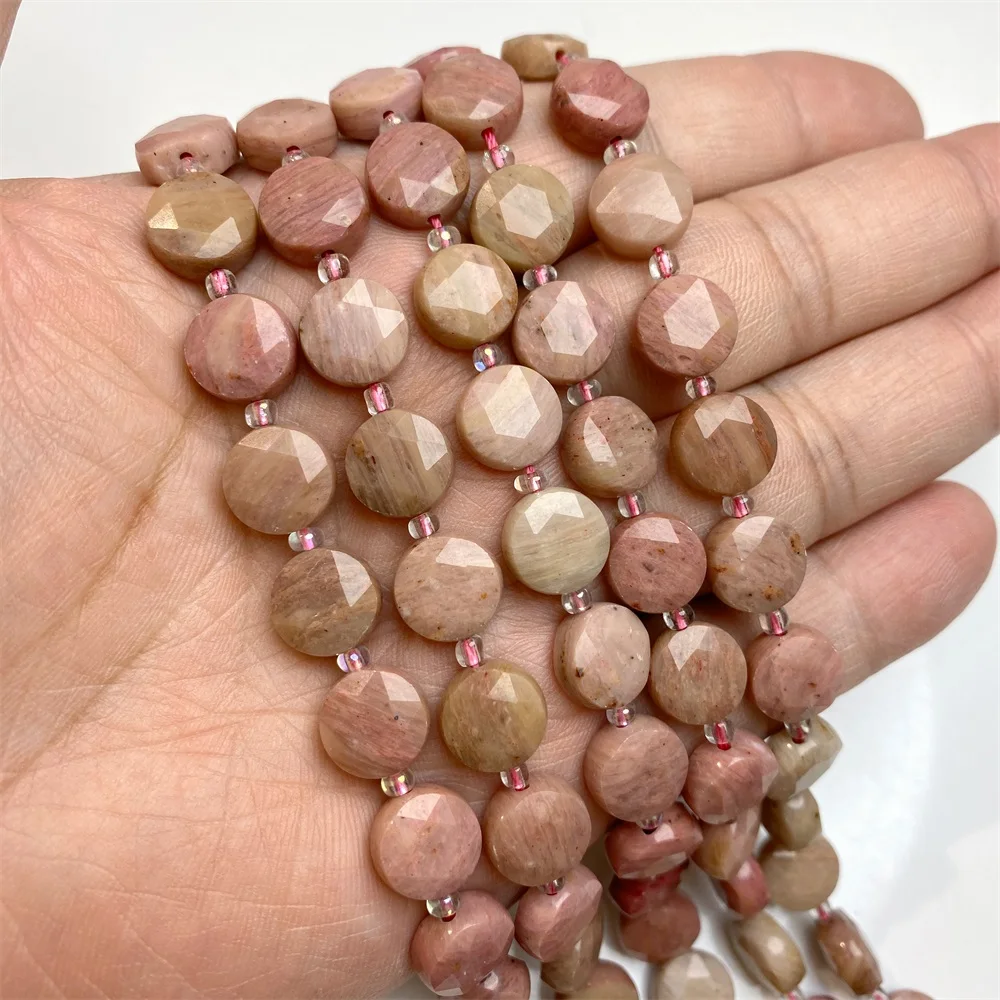 Natural Faceted Flat Round Stone Bead Pink Rhdochrosite Loose Spacer Coin Shape Beads For Fashion Jewelry Making DIY Accessories