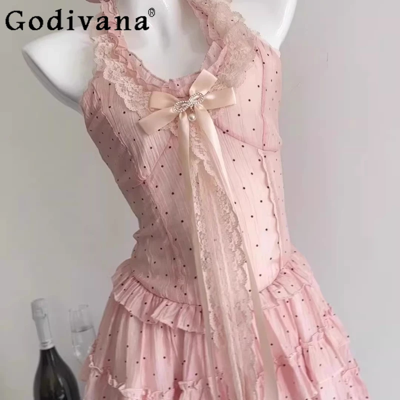 여름 봄 신상 로리타 원피스 여성 폴카 도트 스윗 퓨어 스타일 슬리밍 홀터넥 원피스 소녀 공주 퍼프 숏 원피스