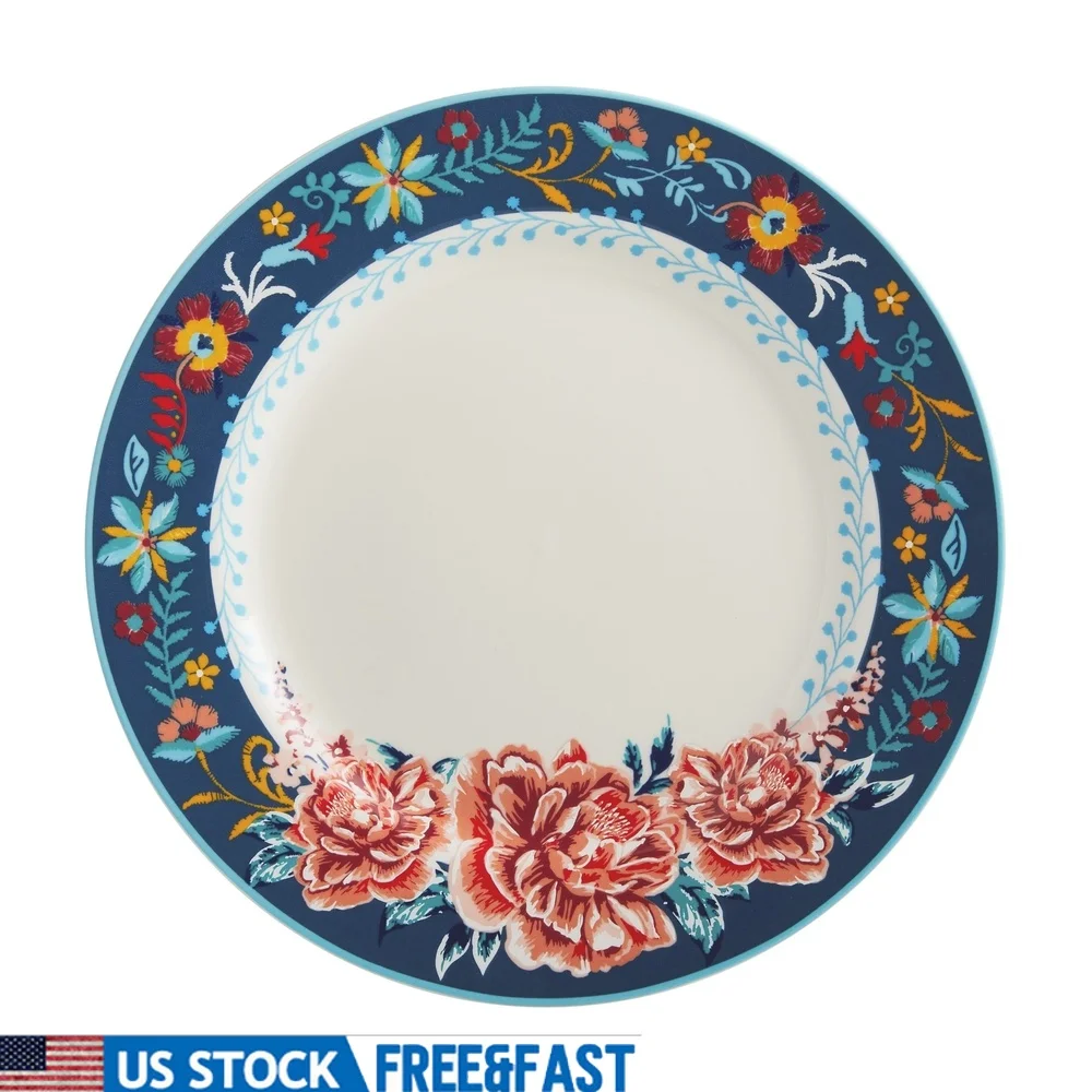 

Керамическая тарелка в деревенском стиле с цветочным принтом, обеденная тарелка в винтажном стиле, посудомоечная машина, безопасная для микроволновой печи, круглая тарелка для повседневного использования, для особых случаев