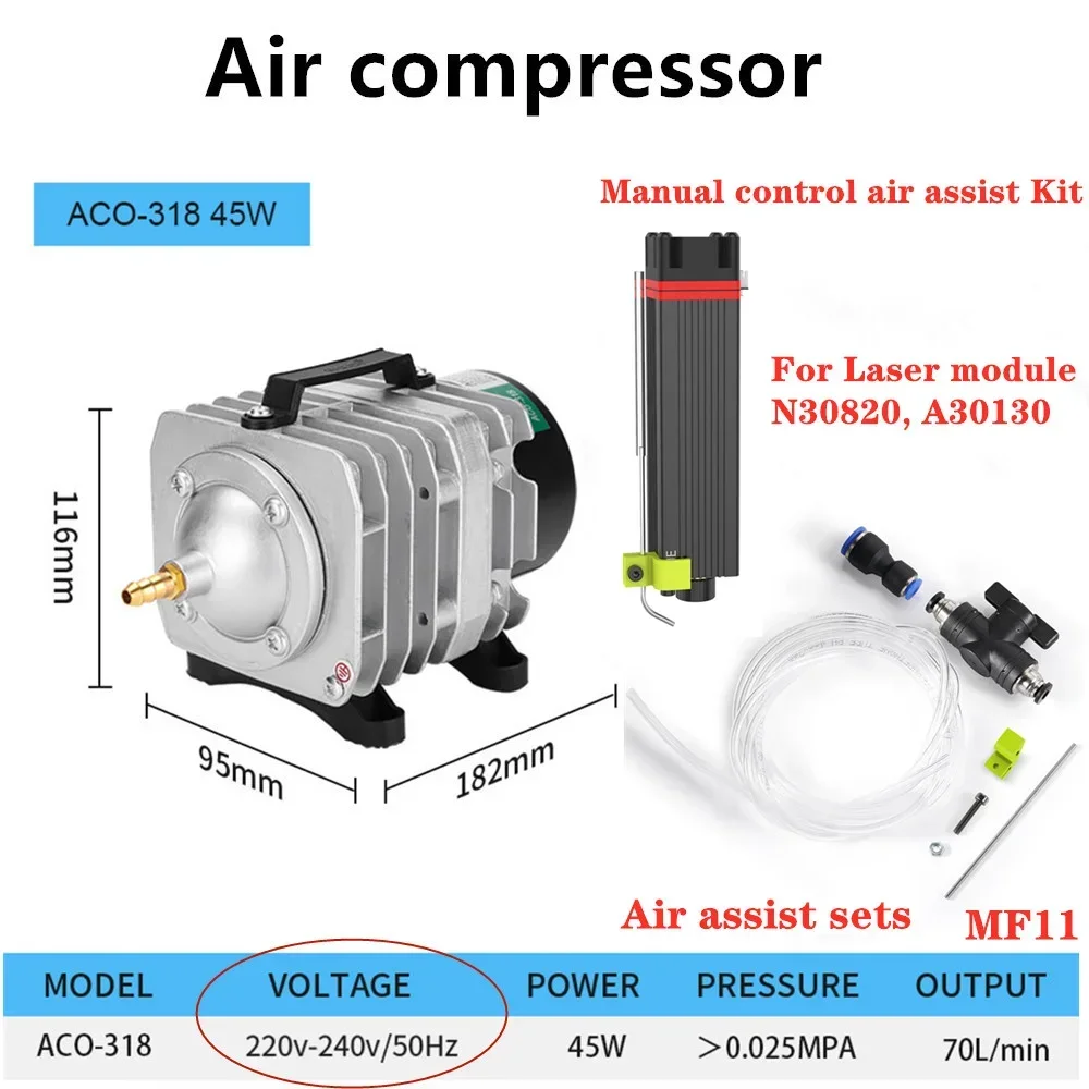 NEJE 220V-240V 45W Air Compressor for Aquarium Accessories MF15 MF11 MF8 Manual Control Air Assist Kit for neje Laser Module