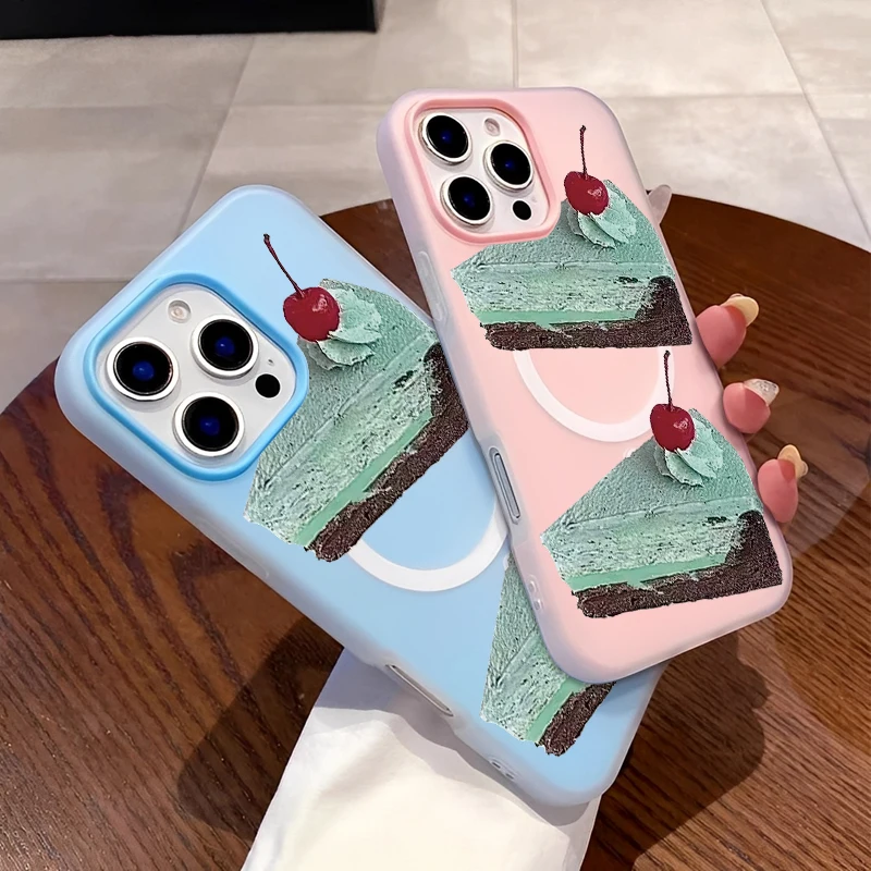 マグネット式シンプルミニマリストグリーン抹茶チョコレートケーキ風iPhone 16/15/14/13/12/11 PROMAX用シリコン製スマホケースカバー
