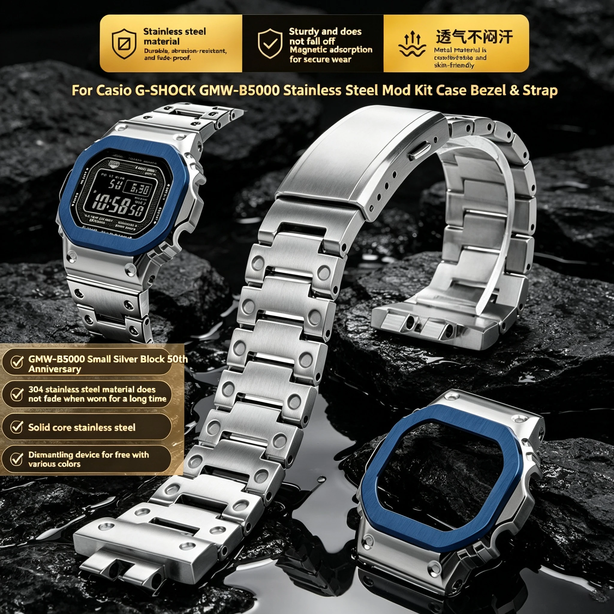 Stainless Steel Mod Kit Case Bezel&Strap For Casio G‑SHOCK GMW‑B5000SS GMW‑B5000 Small Silver Block 50th Anniversary Accessories