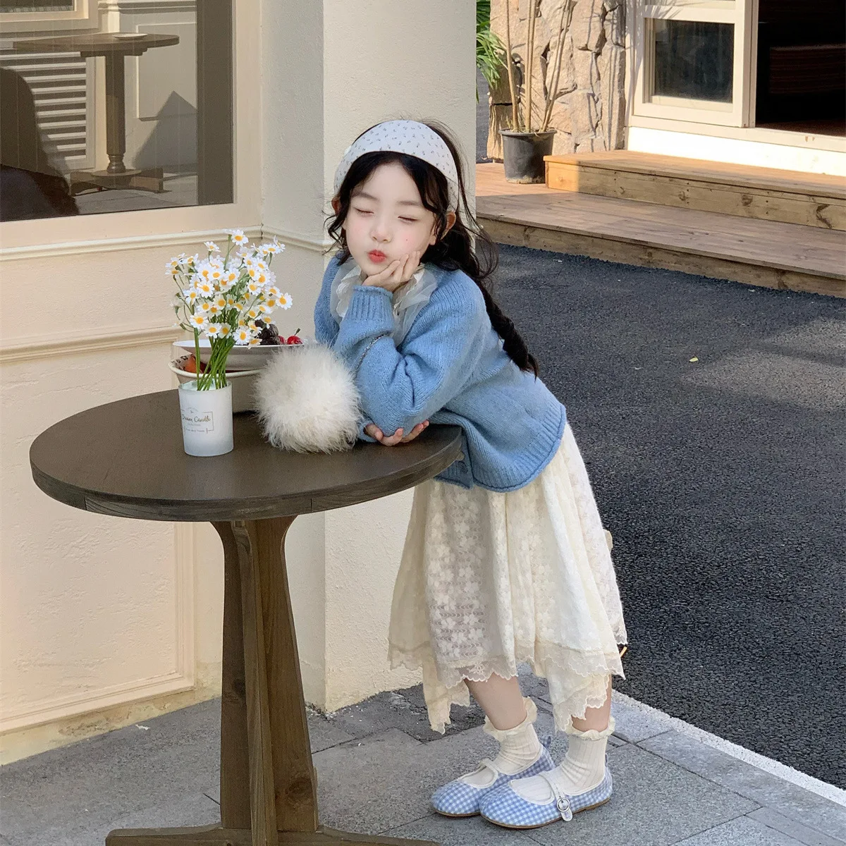 Bild 3: Mädchen Pullover 2026 Frühjahr Neue Mädchen Elegante Prinzessin Strickjacke Spitze Unten Hemd Spitze Halb Rock