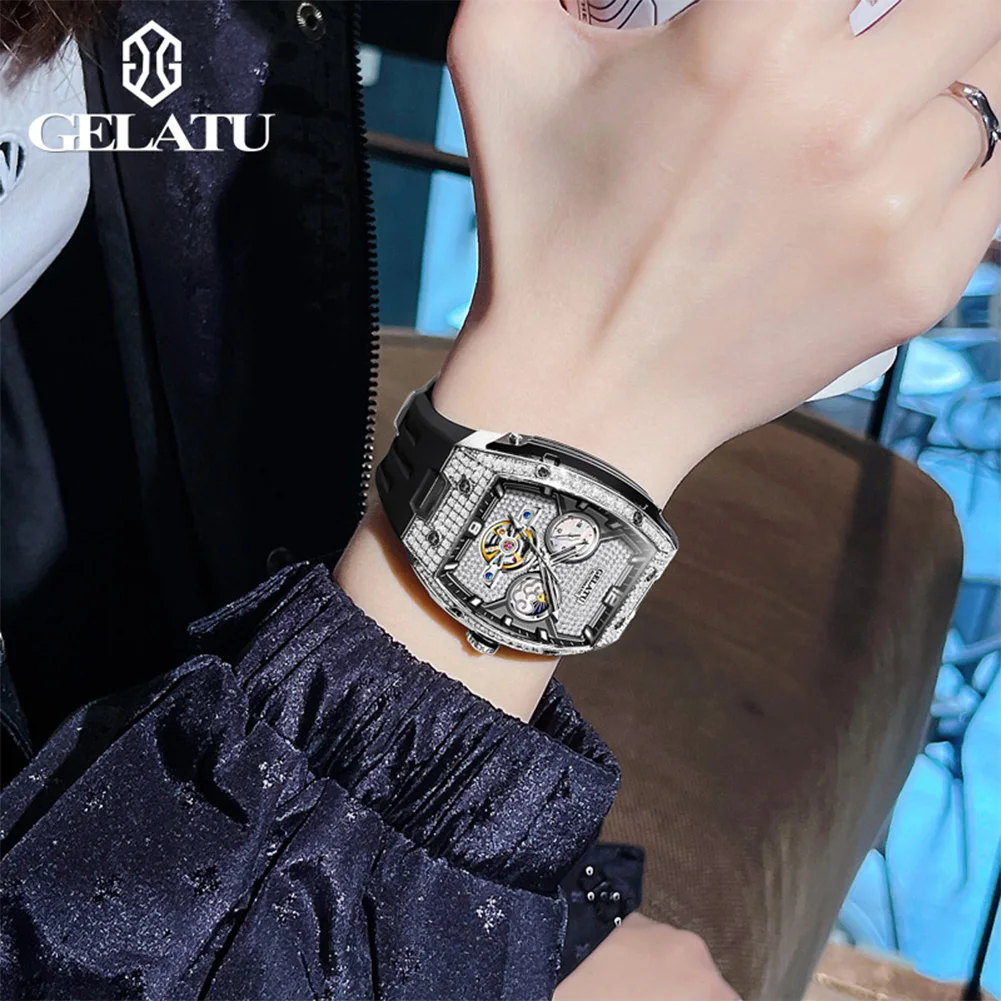 GELATU 6016 Big Dial Hollow Mechanical Couple Watch For Men Women Diamond Silicone Strap Automatic Wristwatch Waterproof Watch
