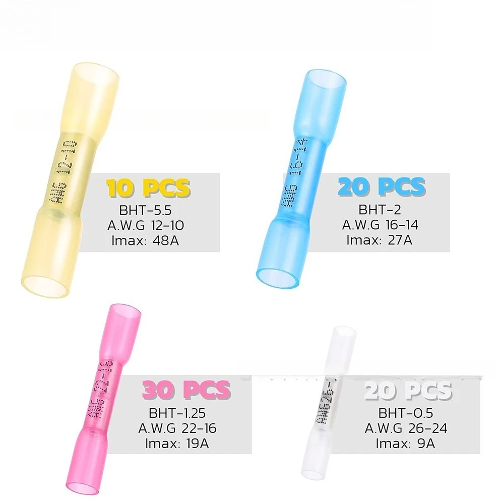 80PCS BHT Heat Shrink Butt Connectors Kit, Waterproof Wire Splice Terminals for 0.5-5.5mm² Cable