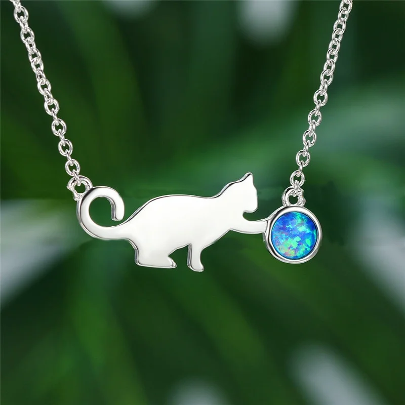 Cute Female Blue Imitation Opal Cat Pendant Necklace Trendy Silver Color Chain Necklaces For Women Bridal Wedding Jewelry