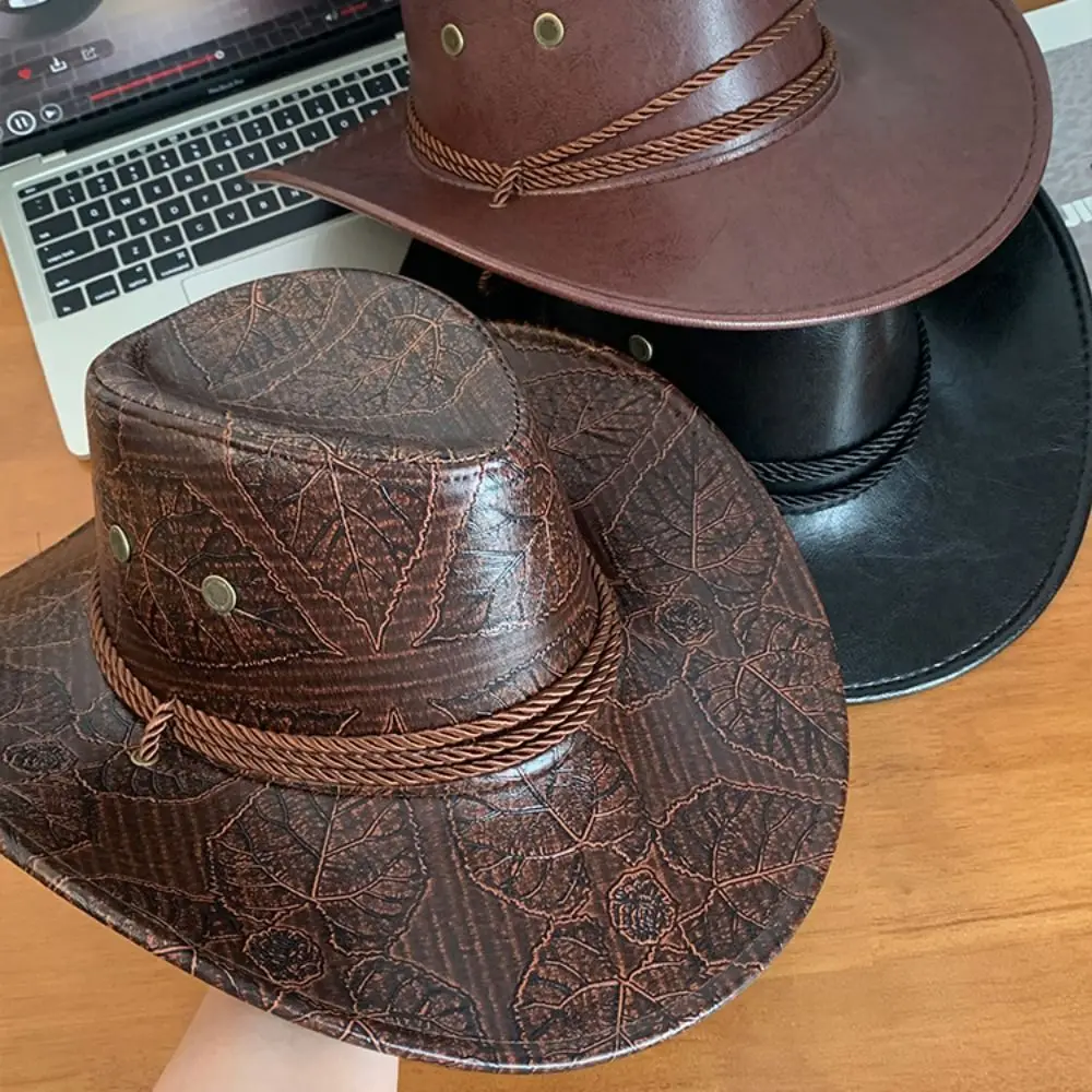 بارد العرقية نمط قبعات رعاة البقر الغربية قبعة واسعة حافة البوليستر راعية البقر الجاز قبعة بلون أسود/بني قناع قبعة الدراجات
