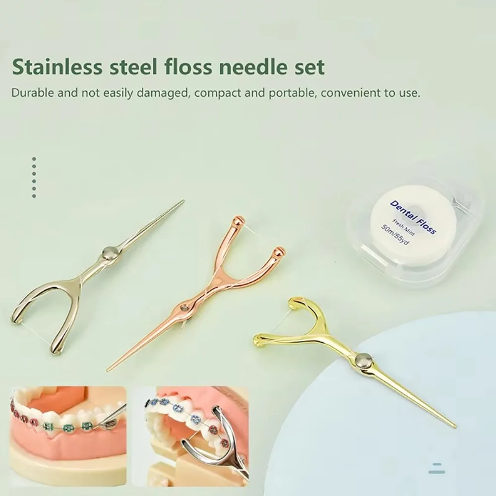

New Reusable Toothpicks Set Handle Stainless Steel Floss Teeth Cleaner Portable Y Shape Flossing Oral Cleaning Tools