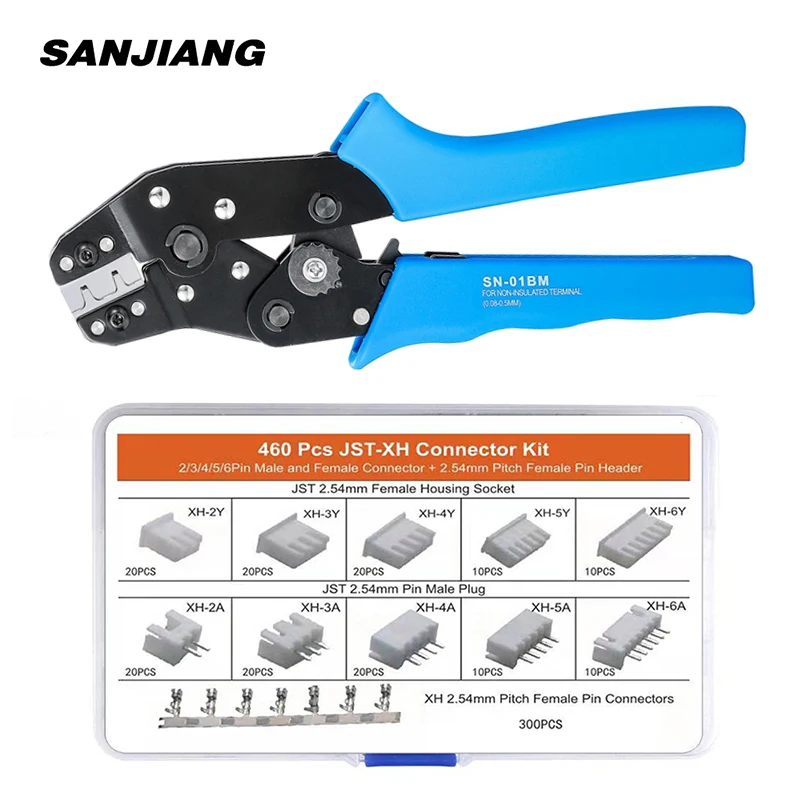 SN-01BM Crimping plier Kit Ratcheting Crimper Tool set with 460pcs 2.54mm JST-XH Connectors for AWG 28-20(0.08-0.5mm²)