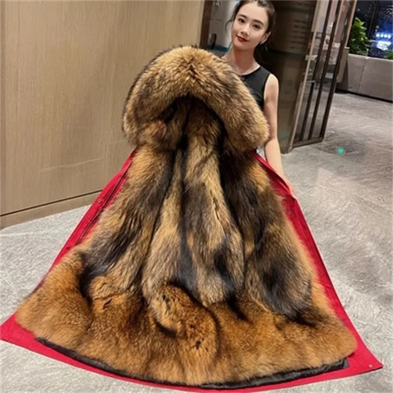 2024 New Popular Mink Detachable Inner Liner Fashionable And Versatile High-end Black And Red Good-looking Long Jacket Commuting