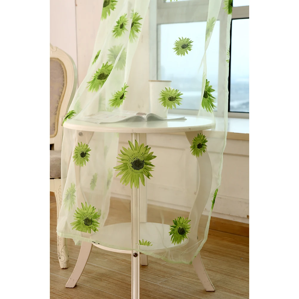 

Green Sheer Curtains Floral Print Bedroom Living Room Decor Window Tulle Rod Pockets Fabric Home Furnishing Transparent