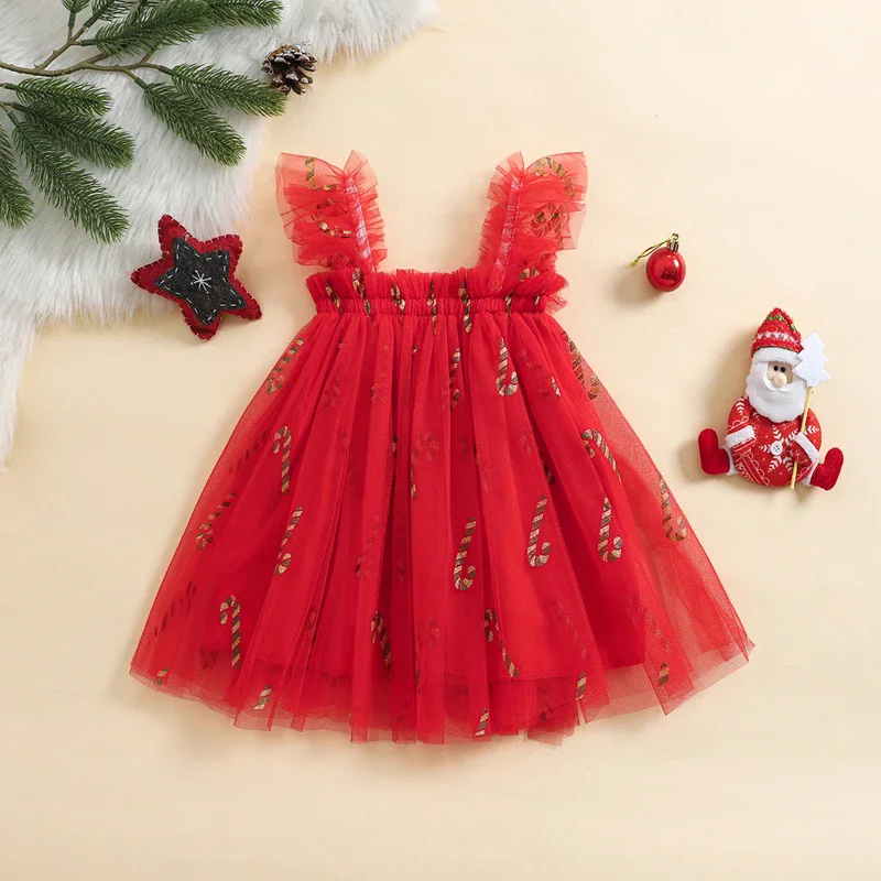 Baby Girl Kids Christmas Clothes Princess Tulle Dress Candy Cane/Plaid Print Sleeveles Square Neck Mesh Toddler Party Xmas Dress