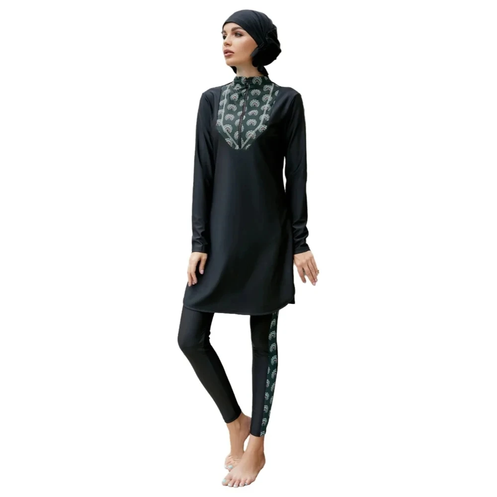 2025 Full Cover Muslim Swimwear Women Swimsuit Burkini 3pcs/set Modest Swimming Beach Wear Islam Suit Black Print Patchwork