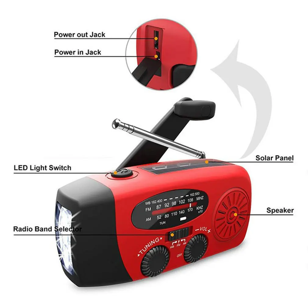 Portable Multifunction Radio Solar Hand Crank Dynamo Power AM FM NOAA Weather Radio Emergency Flashlight 2000mAh Power Bank