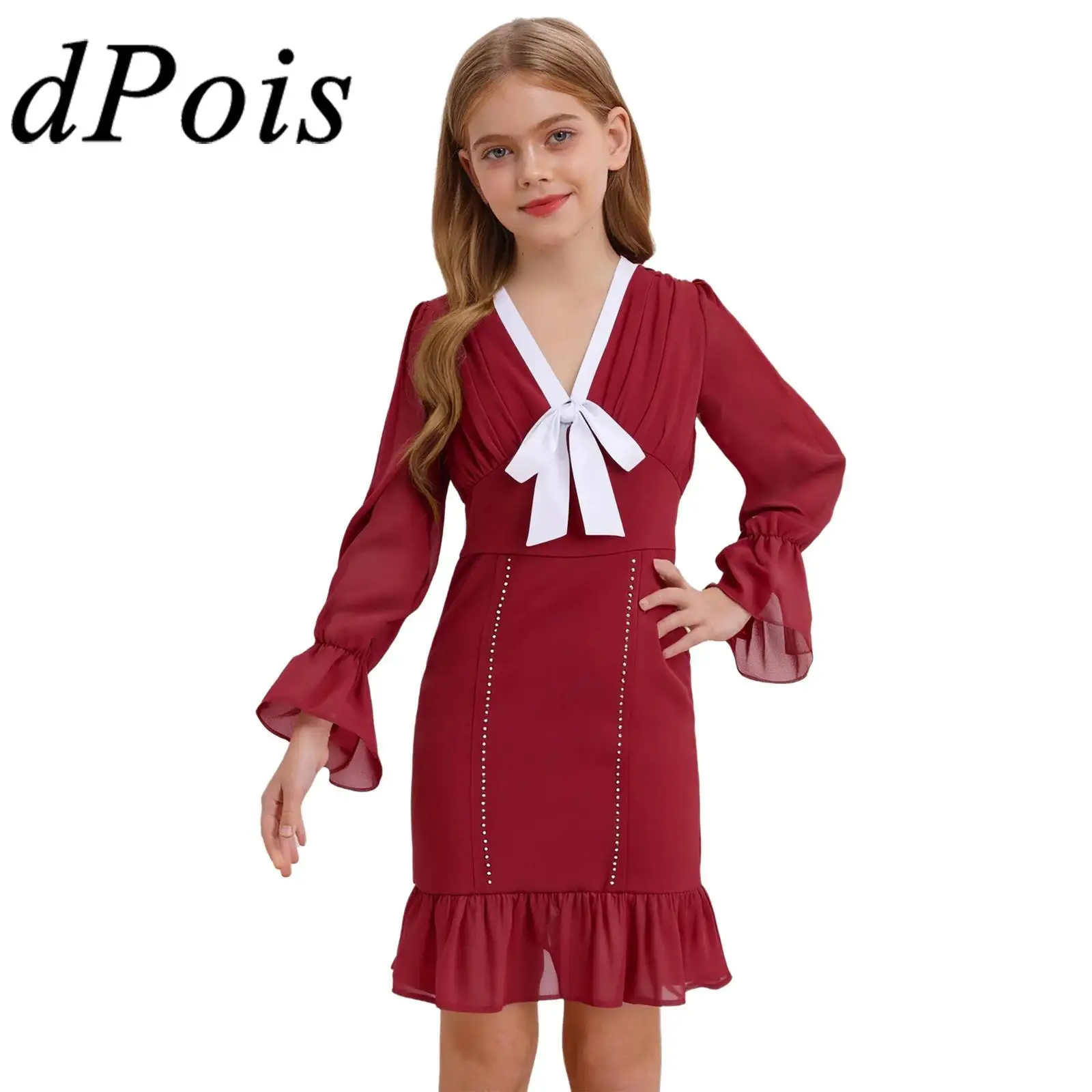 

Christmas Dresses Children Girls' Elegant Long Sleeve Bowknot Festive Costume Party Dress Pageant Xmas Prom Gown with Belt