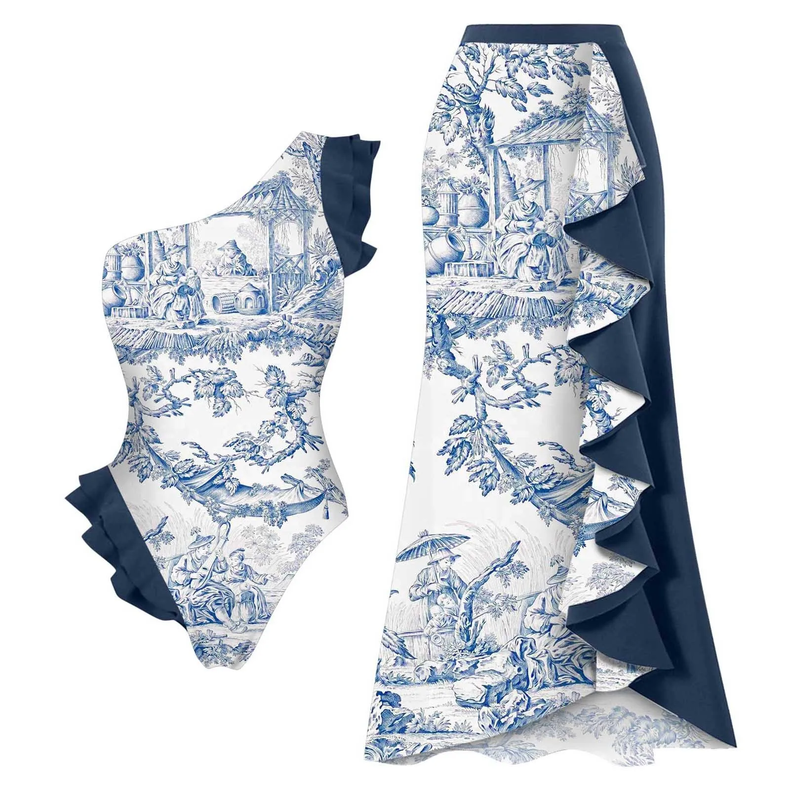 Woman Tankini With Skirt Printed Blue And White High Waist Skirt Bathing Suit Ruffle Trim Vintage Pattern Swimming Bodysuit