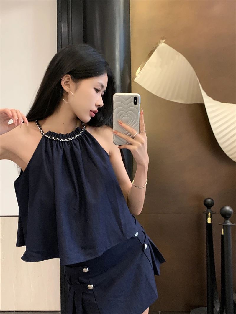 2024 Summer New Korean Dongdaemun Retro Sexy Sweetheart Halter Denim Shirt Blouse Blouse Woman