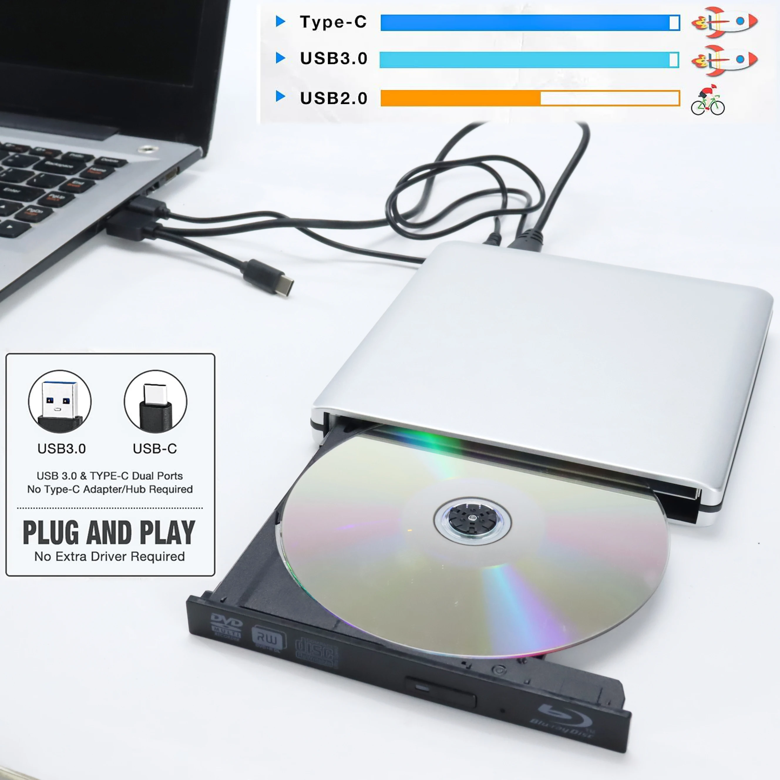 Aluminum Alloy External Bluray Optical Drive BD-ROM USB3.0 Type C DVD Writer 3D Blu-Ray Reader DVD-R for Laptop/Desktop