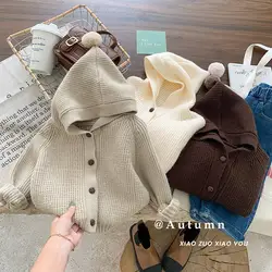 Children's Sweater Coat Baby Hooded Knit Jacket 2023 Autumn Korean Children's Wear Girls' Solid Color Cardigan Boys' Coat