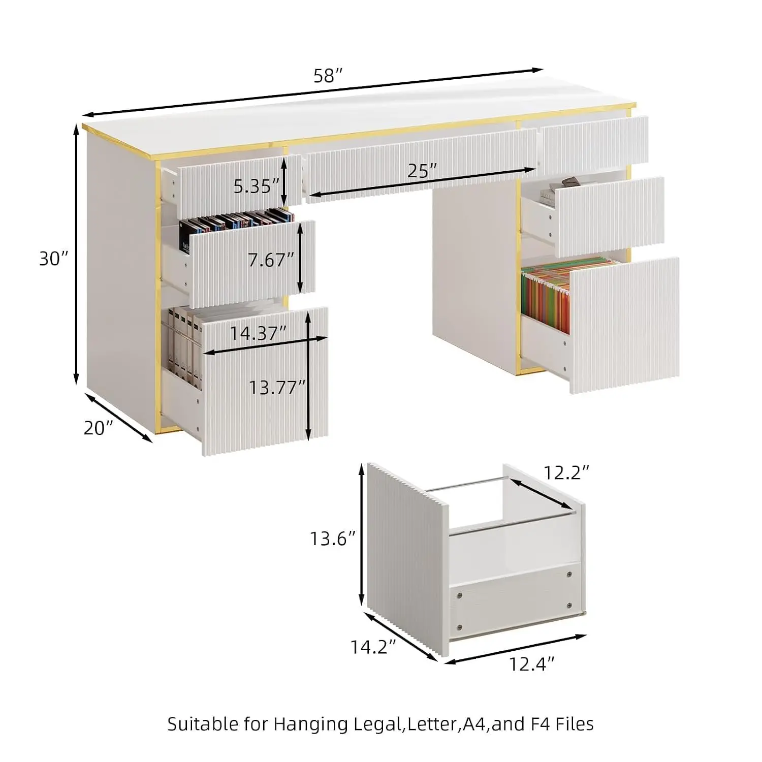 Executive Desk With File Drawers, 58 Inch White & Gold, Customized