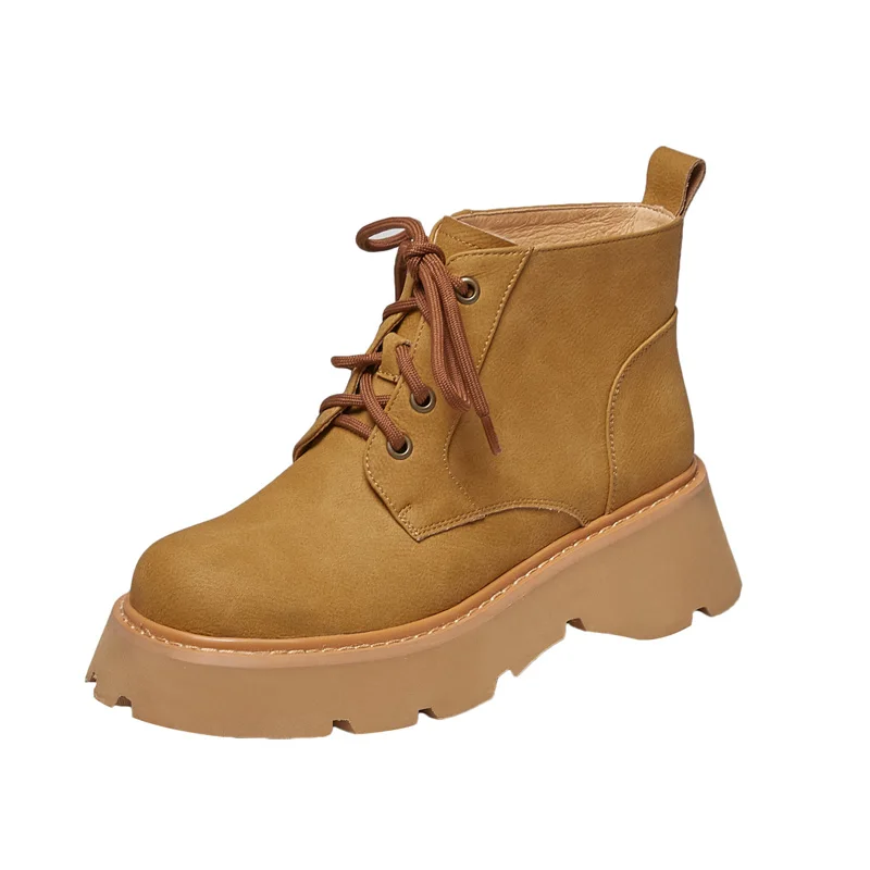 

Women Ankle Boots Genuine Leather Autumn Winter High Thick Heels Lace Up Black Yellow Green Short Boots Elegant Platform Shoes