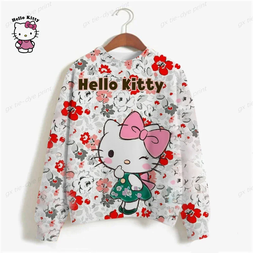 New Woman O-Neck Sweatshirt Casual Loose Fit Hoodie Harajuku Aesthetic Streetwear Hello Kitty 3D Pullover Tops Korean Pop