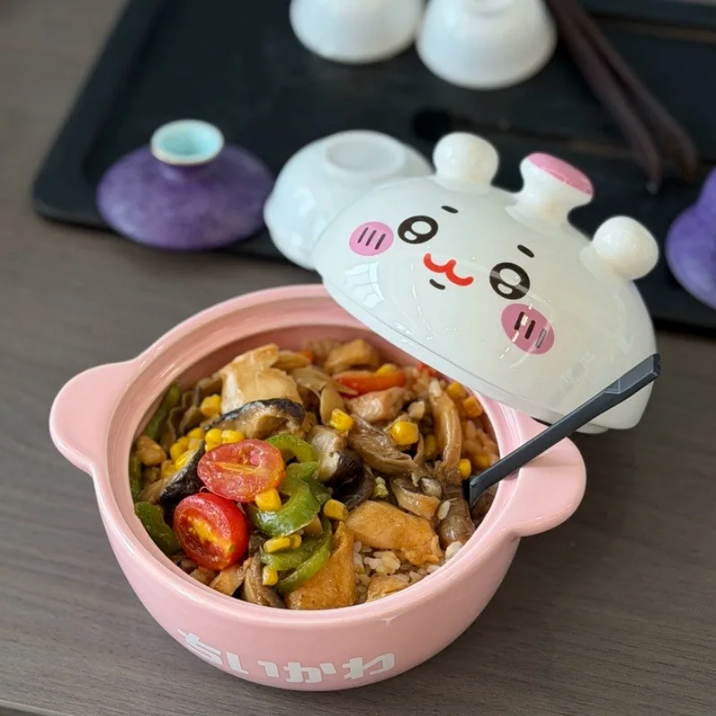 Anime Chiikawa Ceramic Bowl with Lid Large Capacity Food Safe Heat Resistant Microwave Safe Dual Handle Anti-slip Anti-scald New