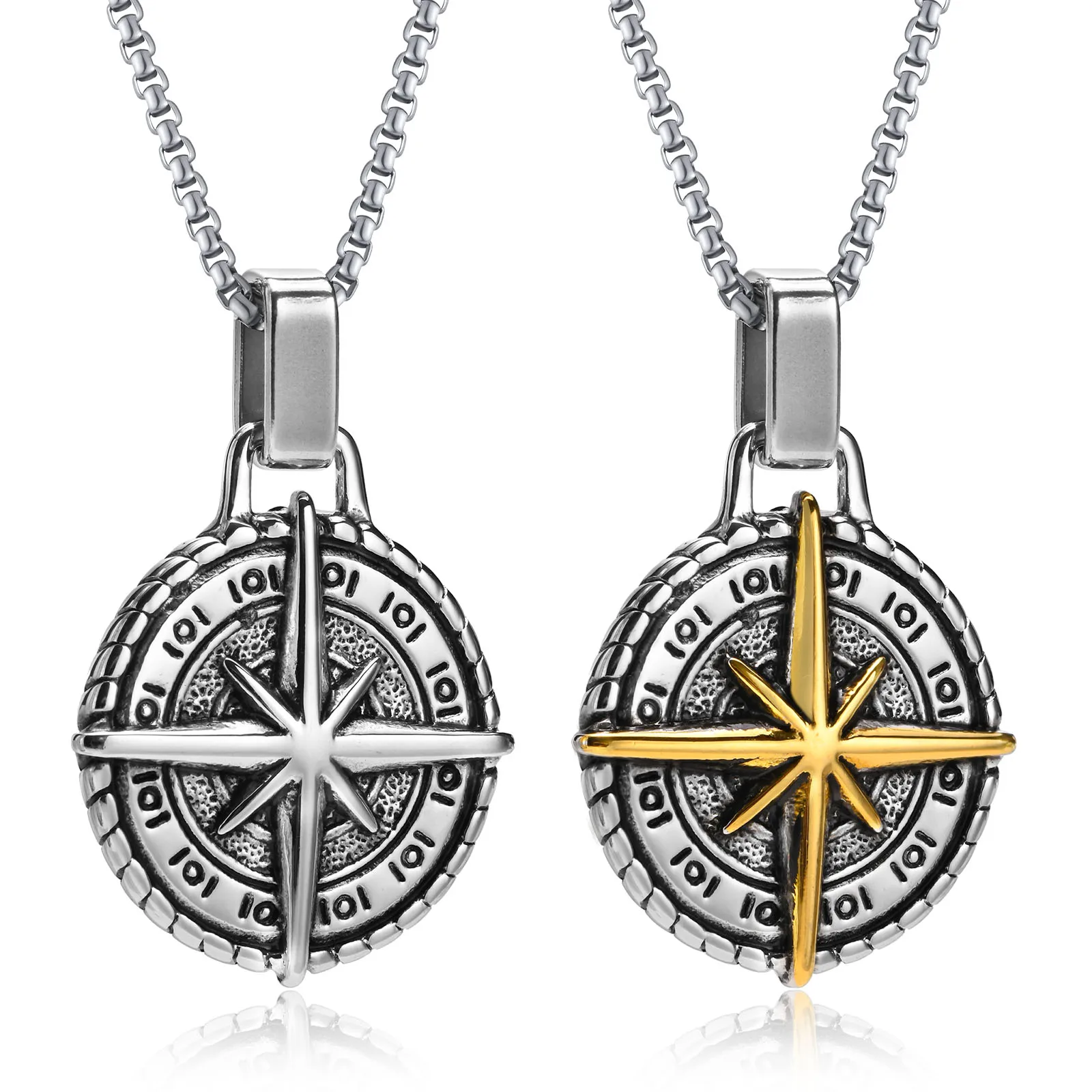 North Star Men Necklace ,Stainless Steel Compass Pendant,Mens Jewelry, Coin Form Handmade Necklace
