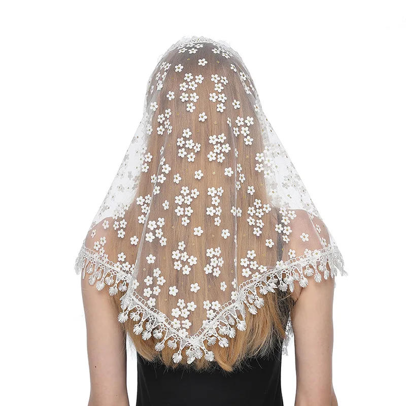 

Women Triangle Scarf for Church Prayer Shawl Embroidered Lace Veil Floral Tassel Veils Mantillas for the Church's Pendant Scarve