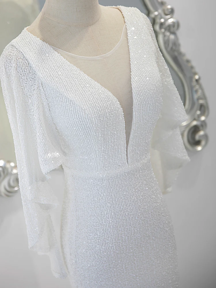 

Ele White Evening Gown Women's New 2025 High-End Fi Tail Skirt Sequin Sound Music Art Exnation Annual Conference