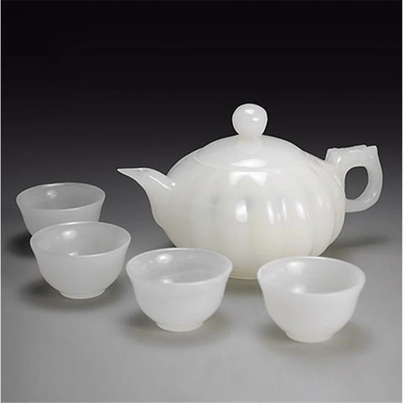 Natural White Jade Tea Set Kung Fu Tea Ceremony Teapot One Pot Four Cups