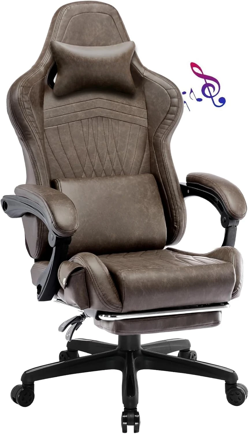 Computer chair with foot pedal and Bluetooth speaker, ergonomic gaming chair with high backrest, Light Brown