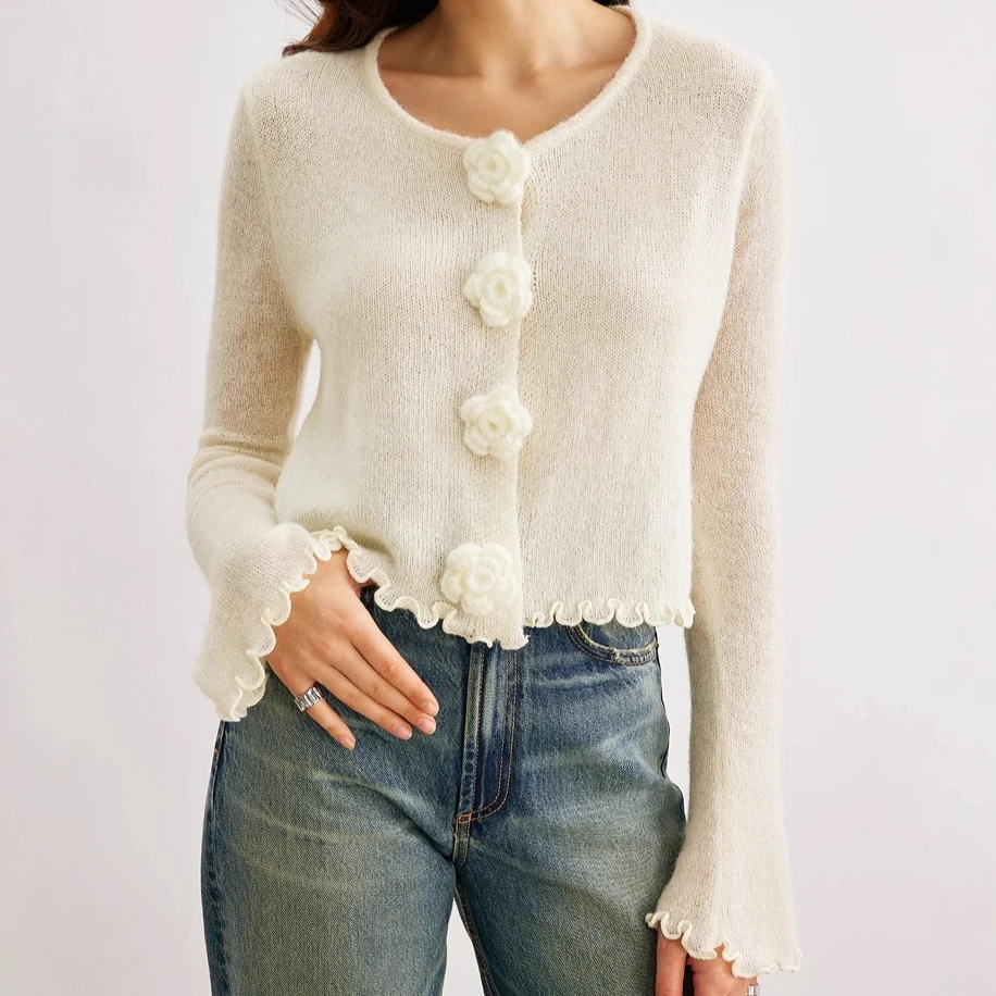 

Knitted Cardigan Sweaters Women Solid Jumpers 3D Floral Ruffle Round Neck Long Sleeves Single Breasted Casual 2026 Autumn Winter