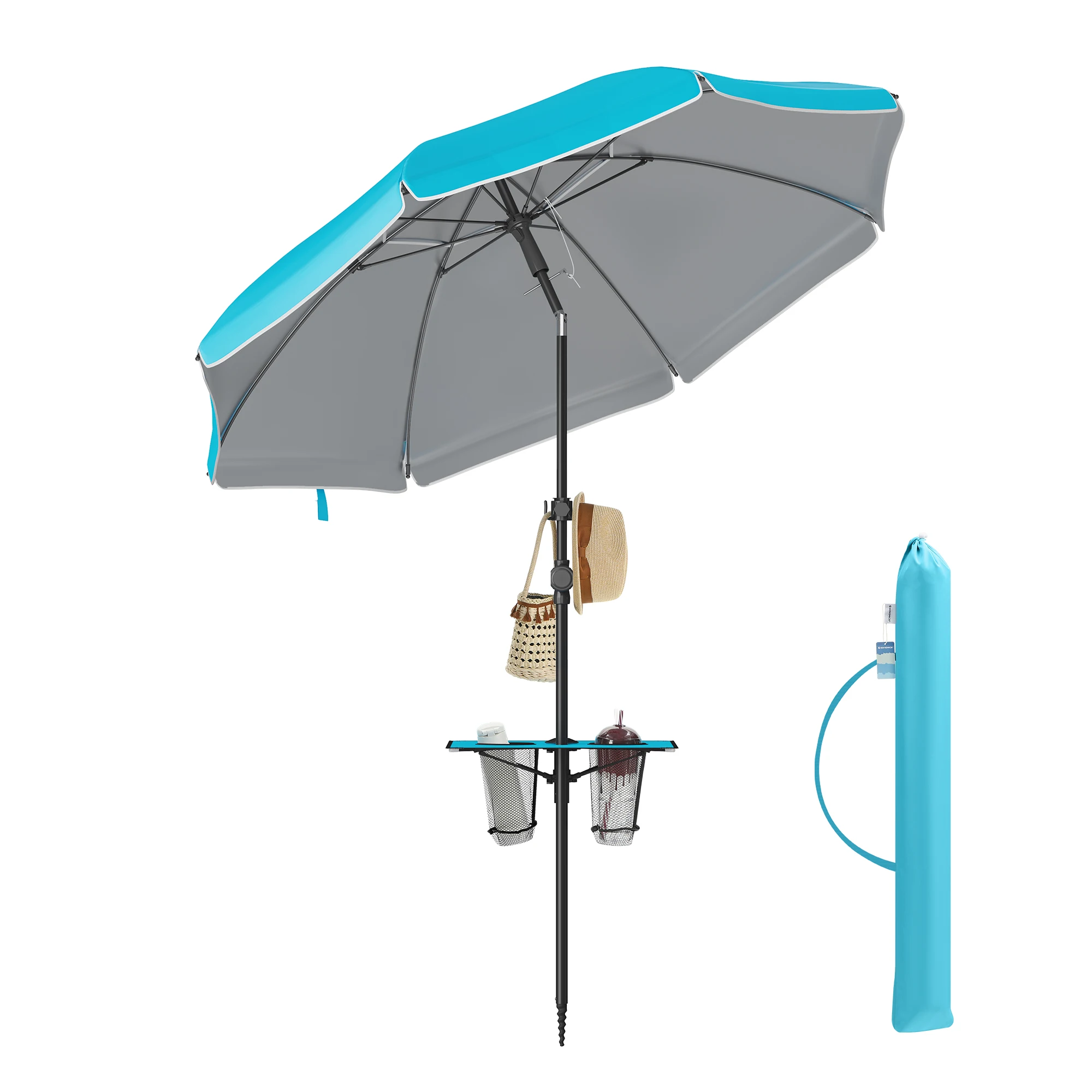 SONGMICS Sombrilla 160 cm, Sombrilla de Playa, Protección Solar UPF 50+, Plegable por Ambos Lados 30°, Estante, Regulable en Altura, Gancho, para Playa, Jardín, sin Soporte, Azul oscuro / azul rayado