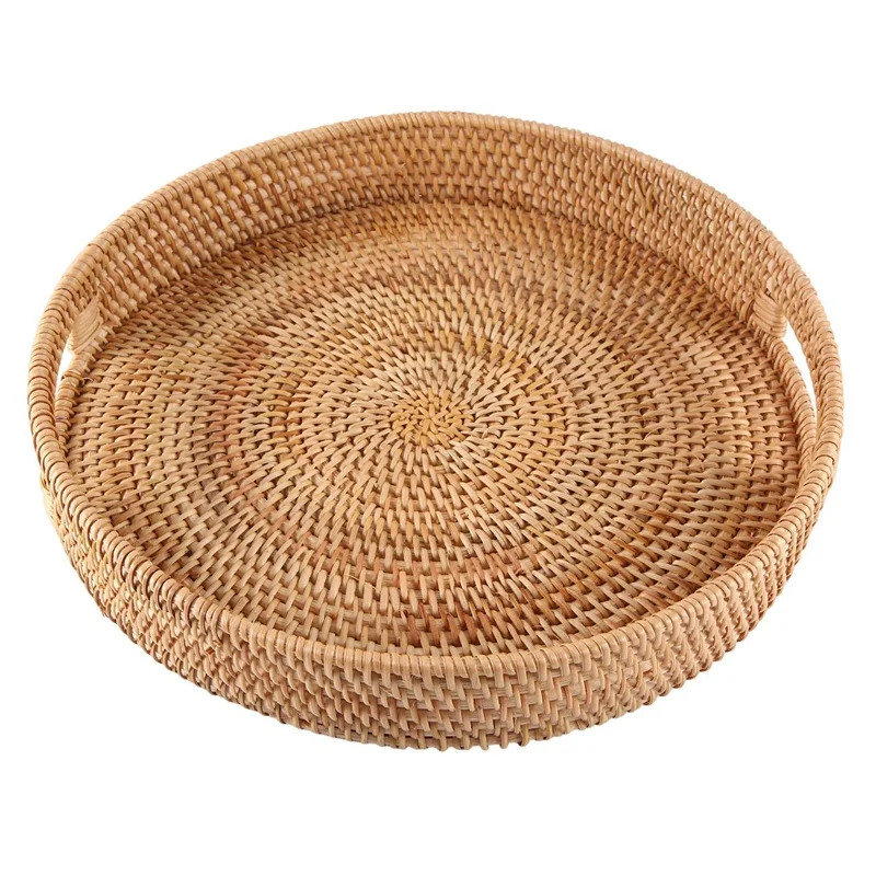 Round Rattan Serving Tray Decorative Woven Ottoman Trays with Handles for Coffee Table Natural(Large)