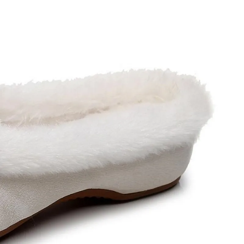 Ethnic Style Embroidered Short Plush Winter Slippers Ladies Fur Edged Round Toe Casual Mules Women Vintage Slides