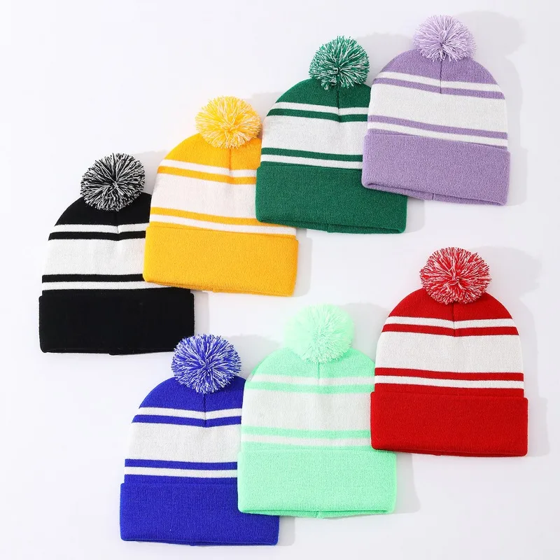 Striped Wool Ball Knitted Cold Hat, Contrasting Color Flanged Winter Pullover Hat,multi-color Men's and Women's Warm Knitted Hat
