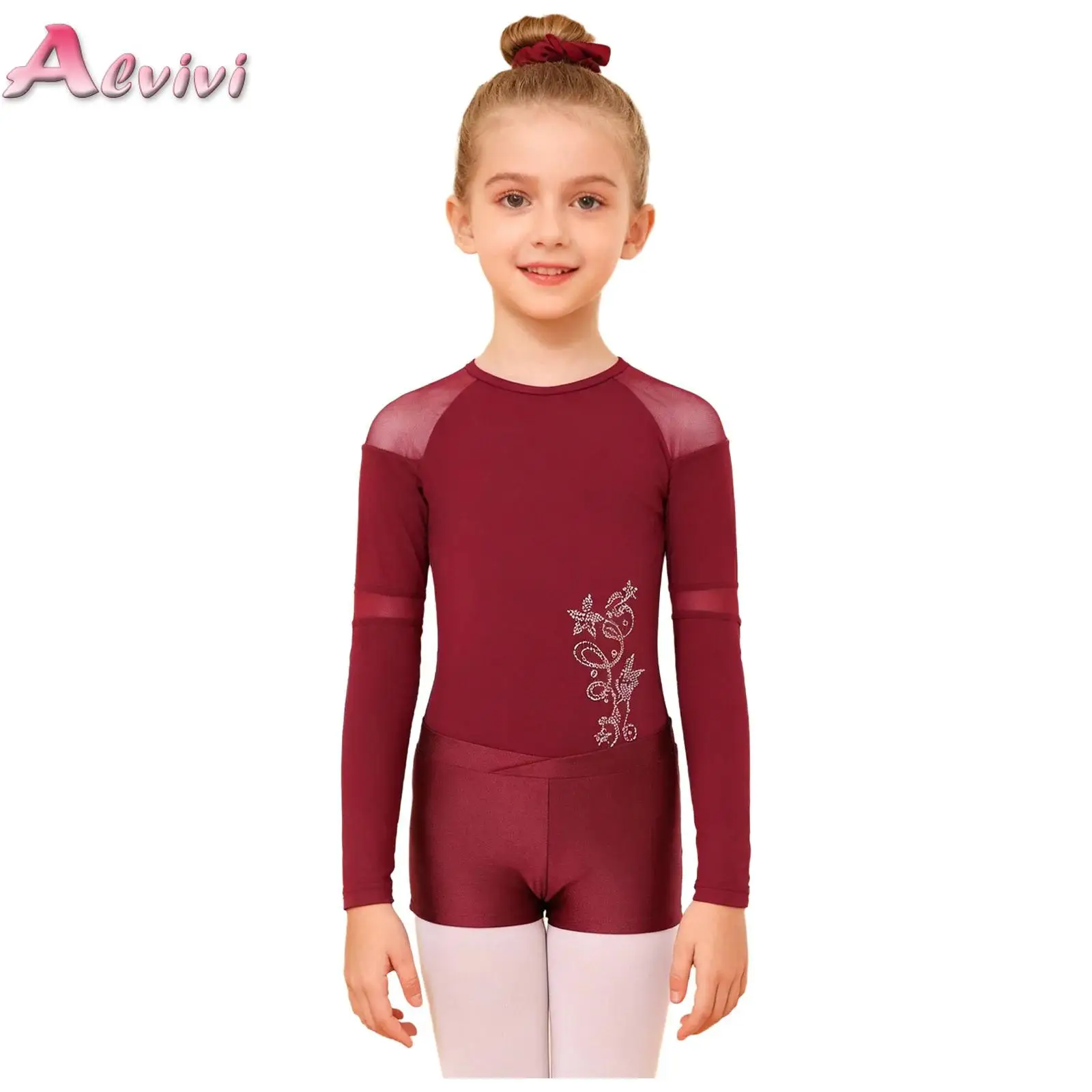 

Kids Girls Sports Set Gymnastics Figure Skating Dance Costume Thin Fleece Lined Rhinestone Flower Leotard with Shorts Hair Band