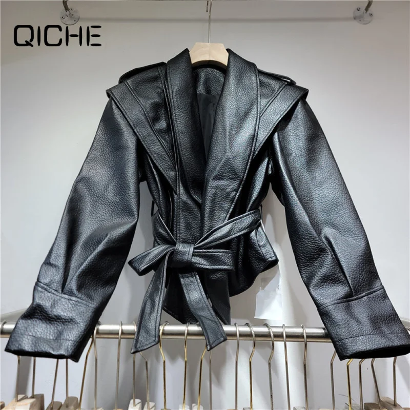 QICHE Women Retro Faux‑Leather Jacket Litchi‑Grain Tie‑Waist Design Soft Casual Outerwear For Autumn