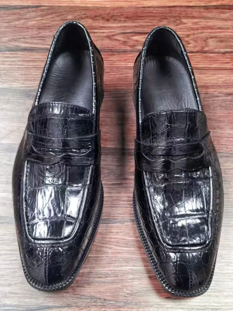 Concise Genuine Leather Male Slip On Platform Hard Wearing Footwear Solid Color Round Toe Crocodile Leather Men Dress Shoes