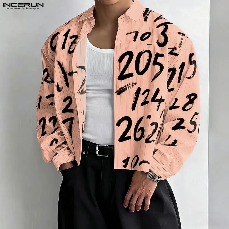 

INCERUN Мужская рубашка с принтом и лацканами с длинным рукавом, свободная повседневная мужская одежда, уличная одежда, модные укороченные топы в корейском стиле, мужские рубашки