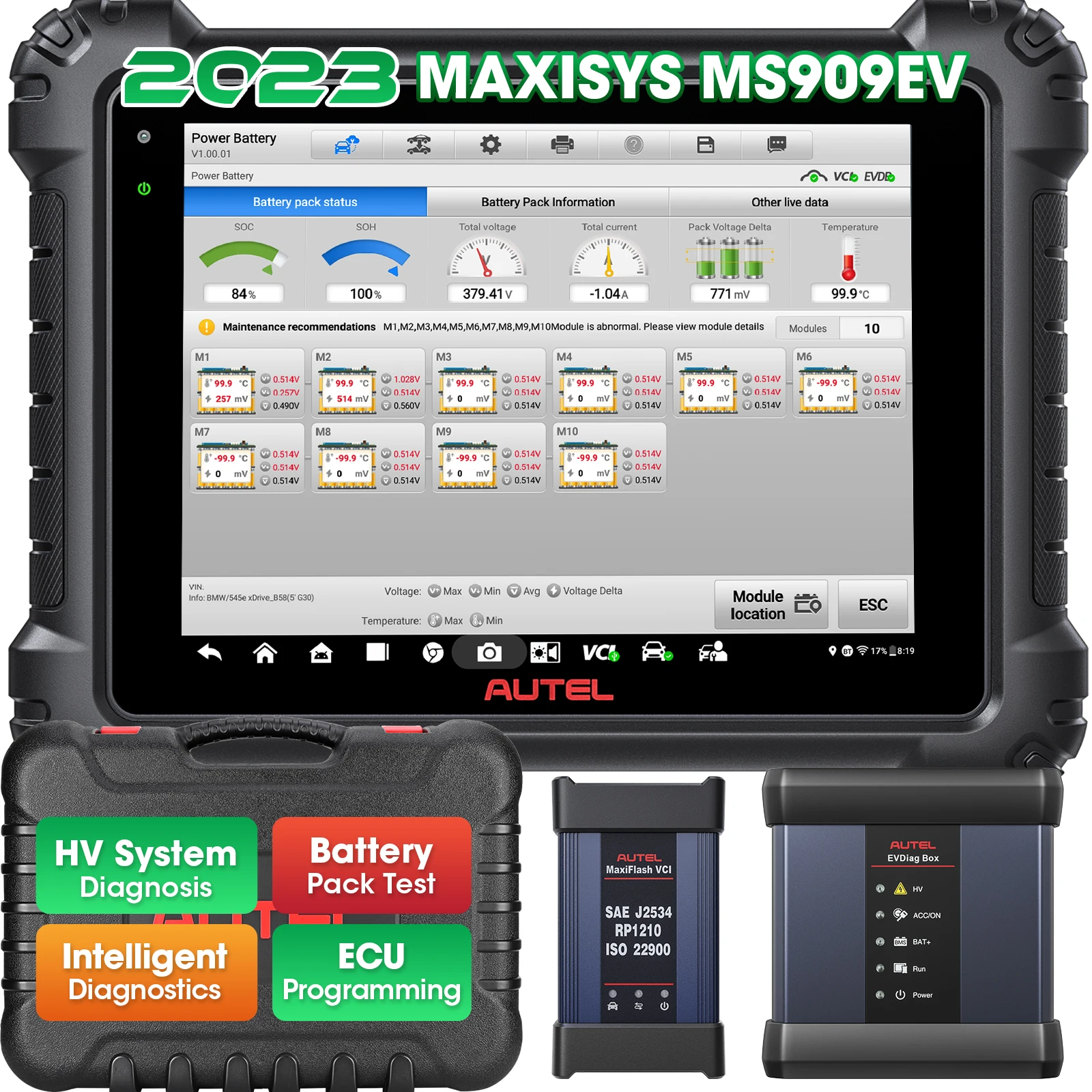 Autel MaxiSys MS909 EV Same As Ultra EV Intelligent Diagnostic Scanner High-Voltage System ECU Coding Programming