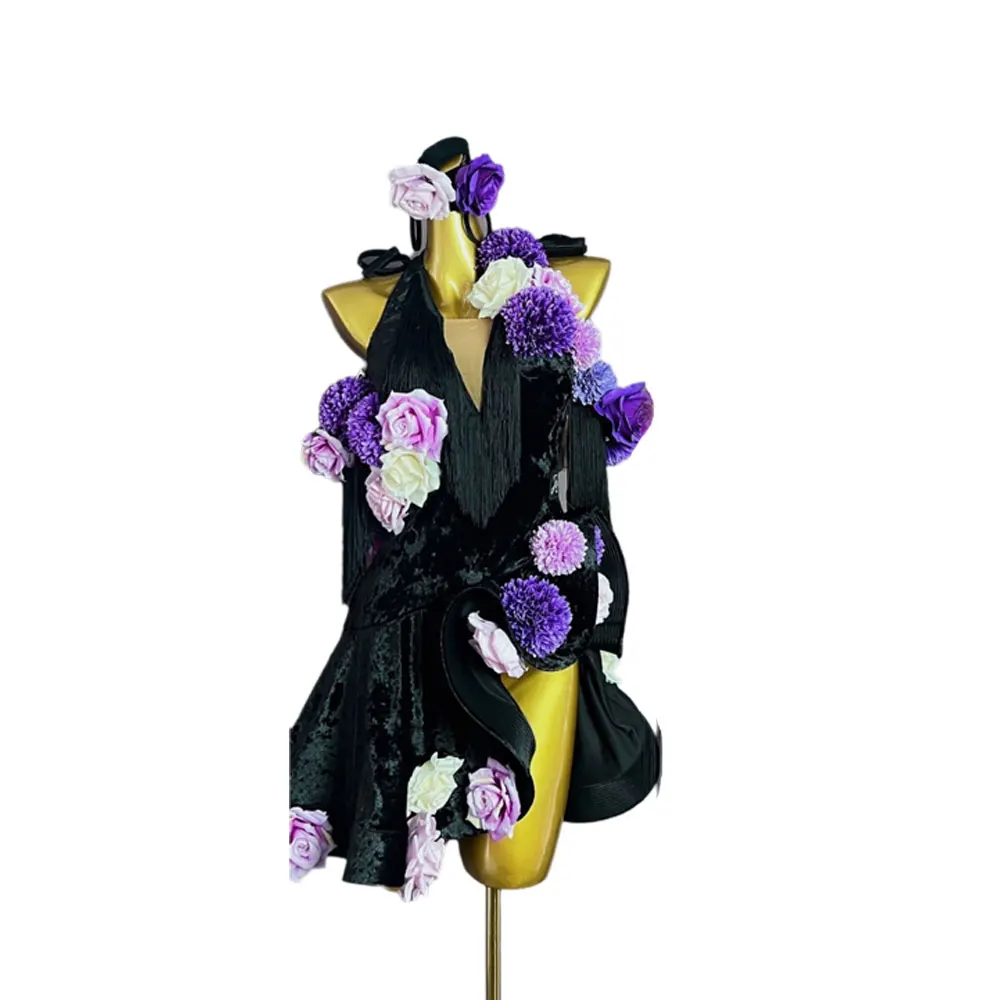 Latin Dance Costume Rhinestone Women's High-end Custom Flower Hanging Neck Tassel Samba Dance Dress Performance Dress