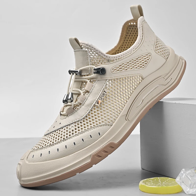 

Мужские дышащие сандалии для горного туризма и походов, изготовленные из натуральной кожи и дополненные сетчатой тканью, с защитной подошвой.