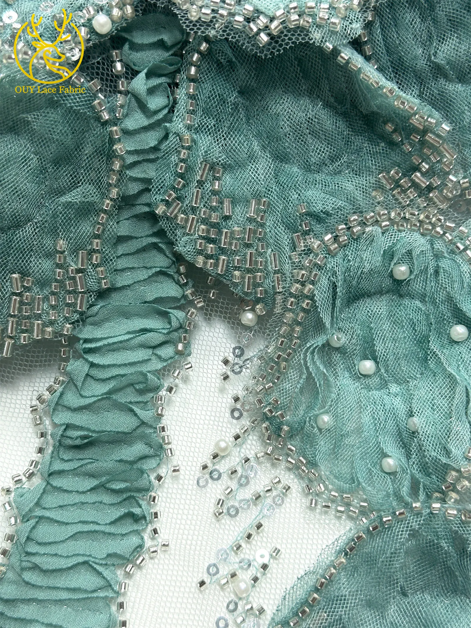 3D Mode Französisches Hochzeitskleid Mesh-Stickerei Pailletten Spitzenstoff Afrikanischer Nigerianischer Perlen-Spitzenstoff Brautkleid Partykleid – Detail 13