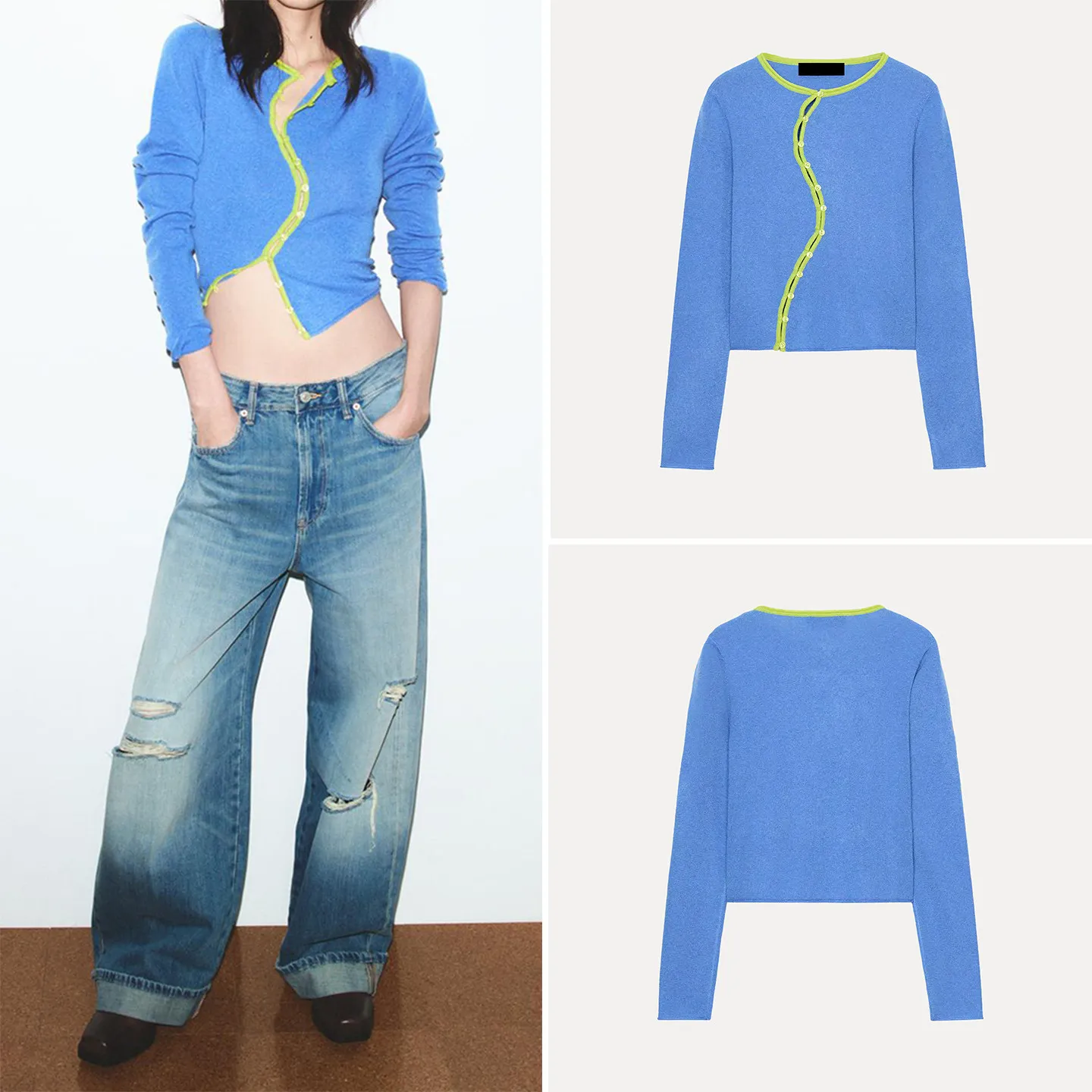 

Faionable Knitted Long Sve round Ne Color Blo Double Breasted Women's Outerwear Spring 2026 Z Simple Sle Card...