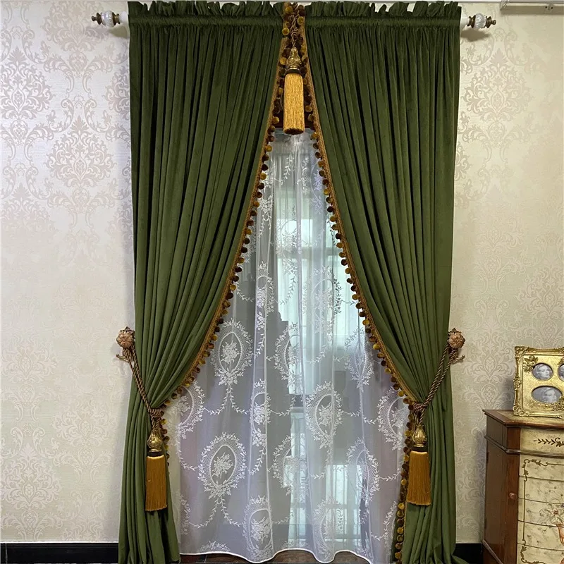 Olive Green Velvet Drape American Retro Solid Thick Blackout Curtain For Home Window Decoration