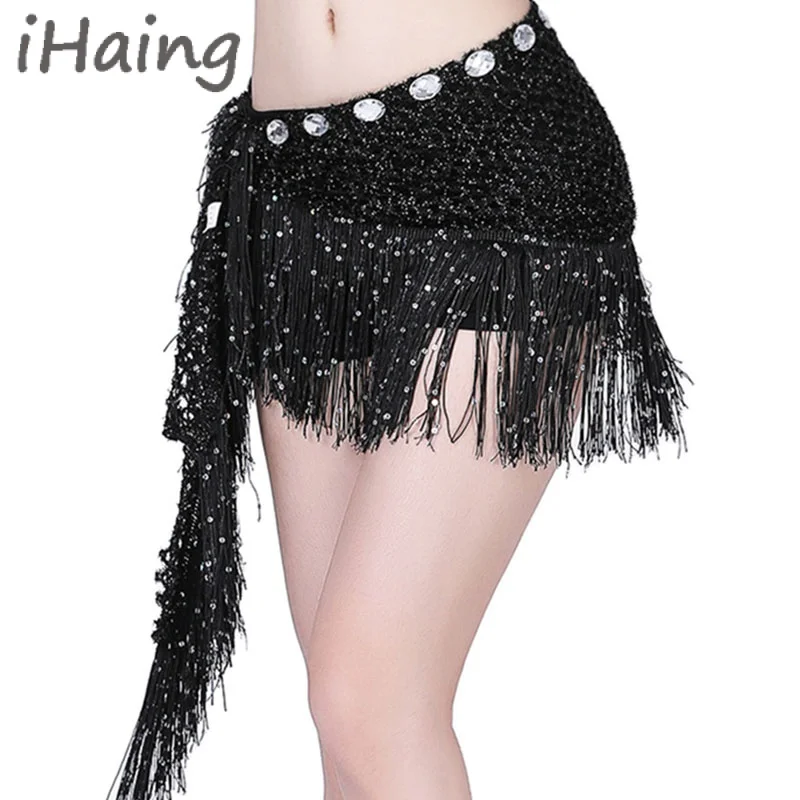 Belly Dance Hip Scarf Glitter Fringe Triangle Wrap Belt Sparkle Skirt Dancewear for Women Outfit Accessory with Tassel Sequins