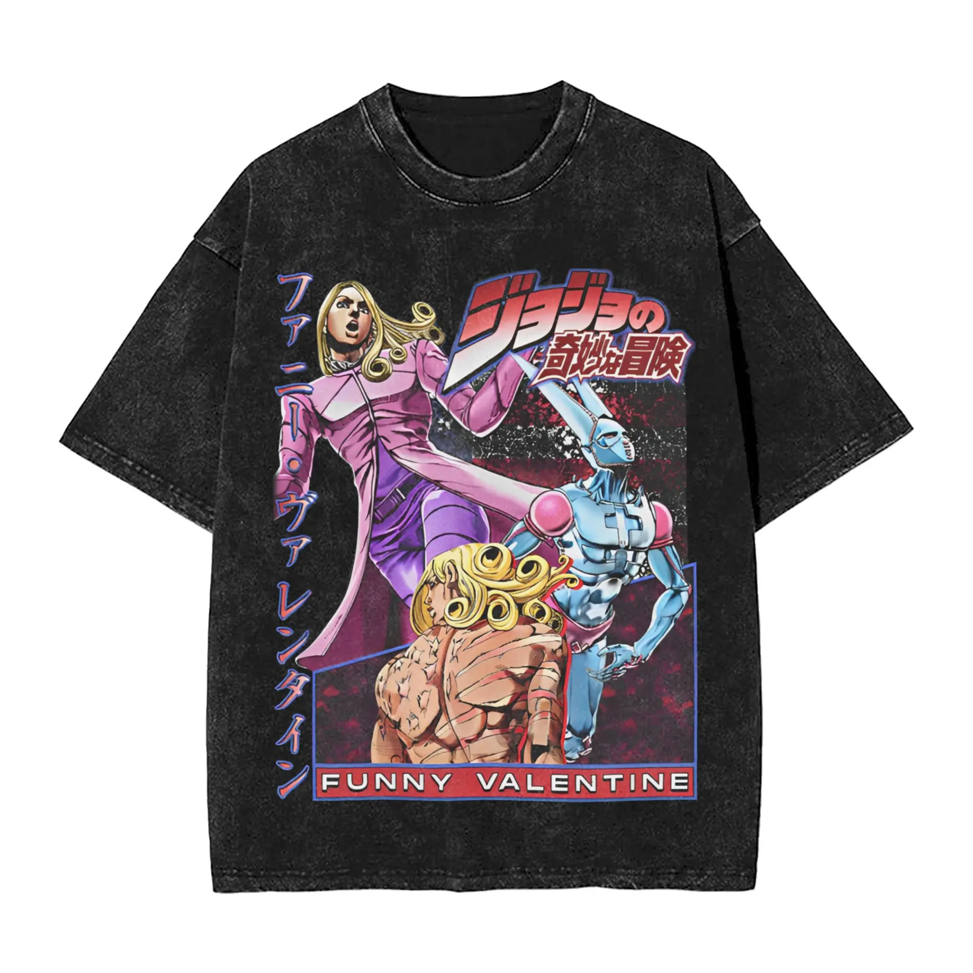 

Vintage Washed T Shirt JJBA Anime Funny Valentine Cotton T Shirts Hipster Tee Shirt for Male Beach Y2K Retro Custom DIY Tops