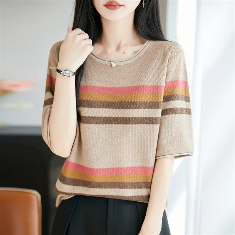 Summer New Women's Short Sleeve Casual O-neck Knitted T-shirt Women's Color blocked Pullover Short Sleeve Fashion Hot Sale
